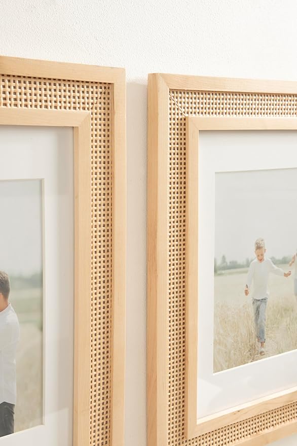 Kate and Laurel Corah Modern Faux Rattan Picture Frame Set of 2, 11 x 14 matted to 8 x 10, Natural, Boho Two-Piece Glass Photo Frame Set for Gallery Wall Design in Living Room Wall Decor