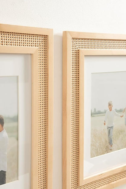 Kate and Laurel Corah Modern Faux Rattan Picture Frame Set of 2, 11 x 14 matted to 8 x 10, Natural, Boho Two-Piece Glass Photo Frame Set for Gallery Wall Design in Living Room Wall Decor