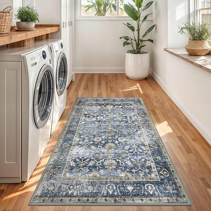 KUTA Vintage Floral 3x5 Entryway Rug, Area Rugs for Living Room Blue Grey Beige Washable Kitchen Carpet Non-Slip, Ultra Thin Soft Printed Distressed Oriental Entry Low-Pile Throw for Dining Room Dorm