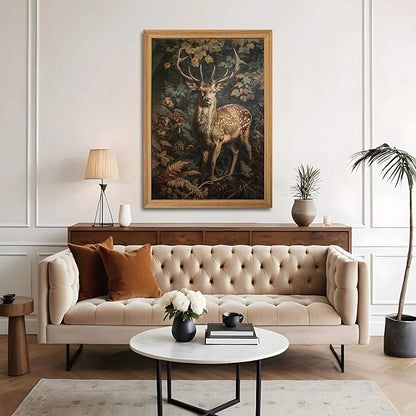 Framed 3D Textured Vintage Wall Art - Dark Academia Decor Sika Deer Hand Drawn Sandstone Paintings with Botanical Florals, Aesthetic Wall Decor for Living Room Bedroom Home 24x36 inch