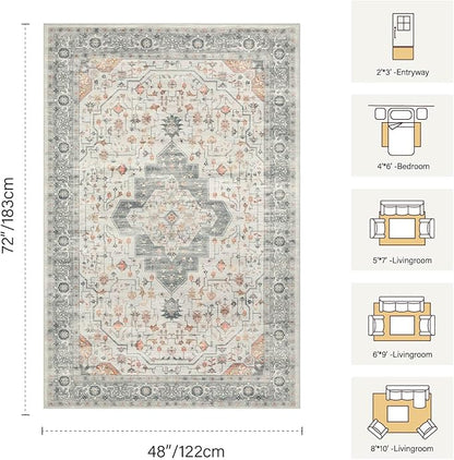 Rugxara Washable Area Rug for Living Room, Vintage Neutral Boho Rugs for Office, Dining Room, Kids Room, Farmhouse, Durable Low Pile Non Slip Carpet for High Traffic Areas, Taupe(4x6ft)