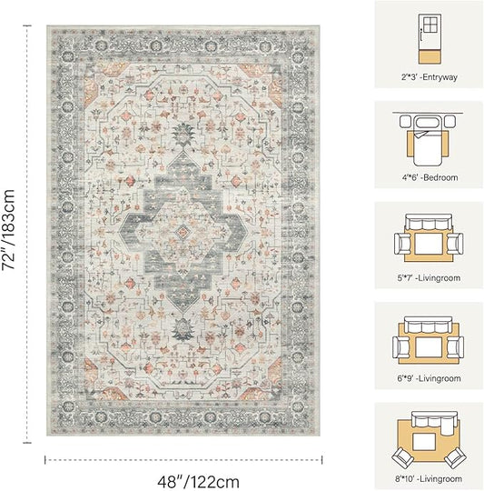 Rugxara Washable Area Rug for Living Room, Vintage Neutral Boho Rugs for Office, Dining Room, Kids Room, Farmhouse, Durable Low Pile Non Slip Carpet for High Traffic Areas, Taupe(4x6ft)