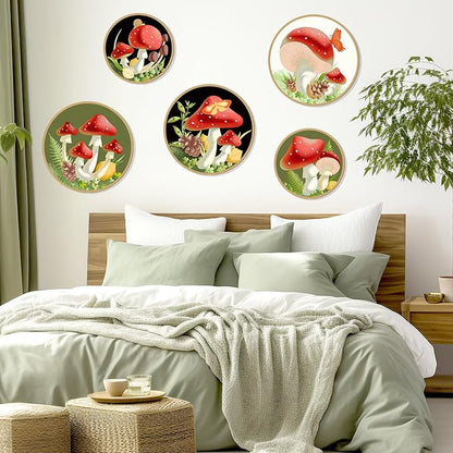 Zzbakress 5 Pcs Boho Wall Decor Farmhouse Wooden Round Bathroom Decor Vintage Bohemian Wall Hanging Decor for Living Room Modern Geometric Wall Decoration Aesthetic Minimalist Wooden Wall Art for Bedroom Apartment Office (Mushroom, 5)