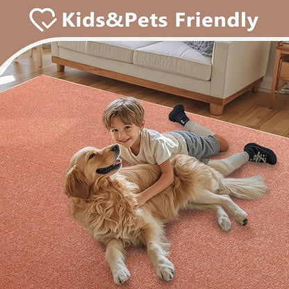FinRèc 7x10 Washable Area Rugs for Bedroom Living Room, Low Pile Thin Rug Solid Color, Non-Slip Carpet Indoor for Home Decor (Orange/White)
