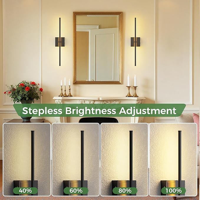 DORESshop Battery Operated Wall Sconces Set of 2, Dimmable Battery Wall Sconce with Remote Control, Black 350°Rotate Rechargeable Sconces, 23.7 Inch Wireless Wall Lights for Bedroom, Living Room