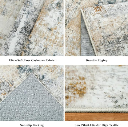 Washable 3x5 Entryway Rug - Non-Slip Soft Low-Pile Thin Small Area Rugs for Kitchen Bedroom Living Room Hallway – Modern Abstract Neutral Door mat Indoor （Gold Grey）