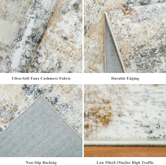 2x4 Modern Entryway Area Rug - Machine Washable Non-Skid Low Pile Indoor Mat for Bathroom,Living Room, Bedroom - Abstract Neutral Small Throw Soft Carpet with Rubber Backing (Gold Grey)