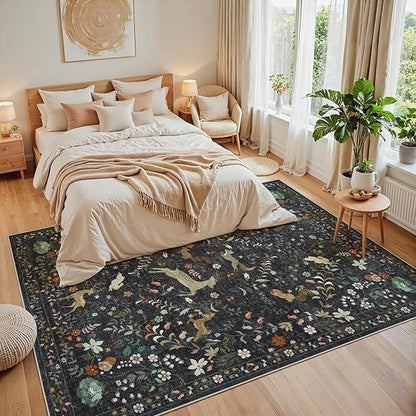8x10 Area Rugs Washable Rug: Lagre Boho Living Room Rug Soft Non-Slip Thin Carpet Indoor Floor Non-Shedding Neutral Floral Carpets for Bedroom Dining Room Farmhouse Nursery Black
