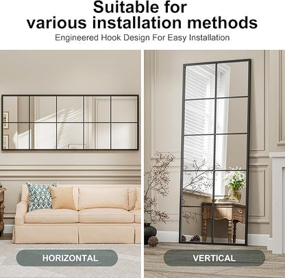 Prywot Full Length Mirror, 65"x24" Window Pane Mirror for Wall Decor, Black Full Body or Wall Mounted Mirrors, Farmhouse Standing Mirrors Hanging or Leaning for Living Room, Entryway, No Stand