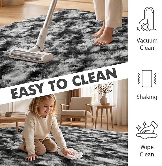 4x6 Ft Shag Area Rug for Bedroom Living Room, Tie-Dyed Ultra Soft Fluffy Furry Rugs for Indoor Floor, Aesthetic Carpet for Kids Home Decor (Black Grey)