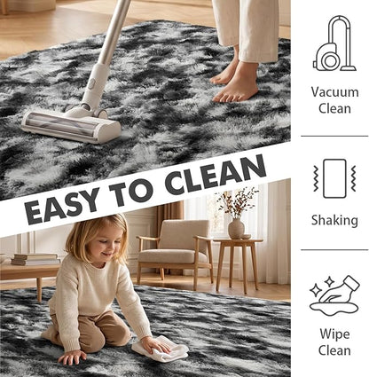 4x6 Ft Shag Area Rug for Bedroom Living Room, Tie-Dyed Ultra Soft Fluffy Furry Rugs for Indoor Floor, Aesthetic Carpet for Kids Home Decor (Black Grey)