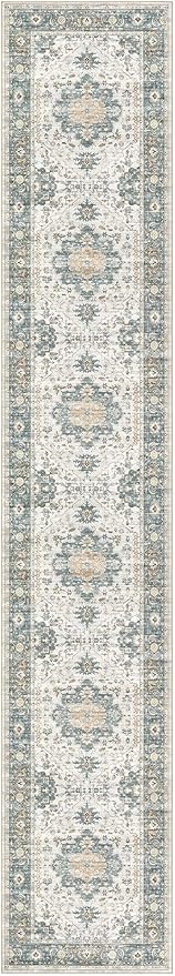 EIEIHOUSE Washable 2.6x14 Runner Rug - Area Rugs Neutral Vintage Distressed Floral Farmhouse Boho Large Soft Floor Rug Indoor Carpet for Hallway Entryway Home - Green/Grey