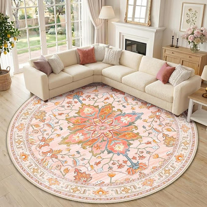 RELEANY Area Rugs Round 10ft Washable Non-Slip, Floral Vintage Distress Print Pattern Medallion Carpet for Living Room Bedroom Dining Room, Light Pink Colorful