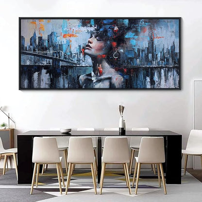 YDYSUNE Navy Blue Painting Wall Art Black Woman Picture for Living Room modern Home Bedroom Decoration New York City Framed Artwork Decor 70x31IN