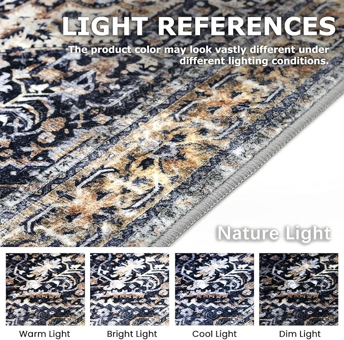 KOZYFLY Boho Area Rug 8x10 Ft Thin Rugs for Living Room Washable Bedroom Rug Non Slip Rugs for Living Room Gold/Orange/Navy Printed Faux Wool Vintage Bedroom Rug Floor Carpet