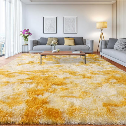 Extra Large Plush Rug High Pile Fluffy Rug for Living Room, Big Plush Non-Skid Shag Carpet, Soft Shaggy Rugs for Bedroom Indoor Modern Home Decor Tie Dye Yellow 9x12ft
