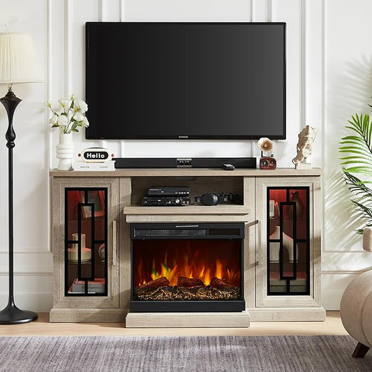 59 Inch LED TV Stand with 3-Side Glass Fireplace, Modern Media Entertainment Center Console Table for TVs up to 65 Inch with Adjustable Color, 24’’ Fireplace, Highboy, Grey Wash