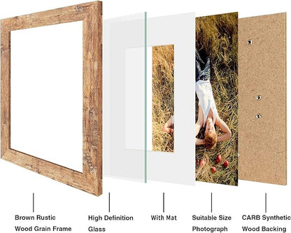 iRahmen 8x10 Picture Frame Set of 2, High Definition Real Glass Rustic Brown Wood Frame, Display Pictures 5x7 with Mat or 8 x 10 Without Mat for Tabletop or Wall Mounting