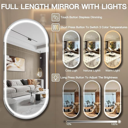 FENNIO 71" x 32" Large Wall Mounted Mirror with LED Lights, Oval Full Length LED Lighted Full Body Dressing Mirror for Bedroom, Salon, Brushed Aluminum Frame, Tempered Glass