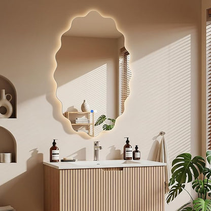 Dorlicecass Oval Wavy Led Bathroom Mirror- Vanity Mirror with Lights IP54 Enhanced Anti-Fog,Single Piece 22"x30" 3 Colors Dimmable, Memory,Tempered Glass,UL Listed