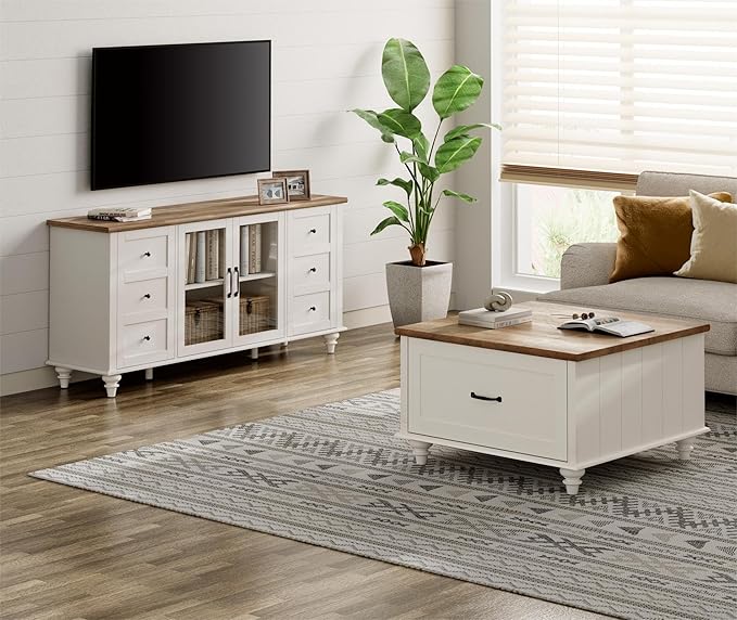 WAMPAT Farmhouse TV Stand and Coffee Table Set of 2, Square Coffee Table with Lift Top & Drawer, White Entertainment Center for 70 Inch TV, 2 Piece Living Room Table Set, White