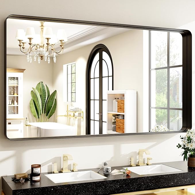 Easly 48"x30" Black Bathroom Mirror - Modern Black Mirror for Wall with Rounded Corners, Bathroom Mirrors for Vanity, Aluminum Alloy Framed Mirror Portrait or Landscape Hang