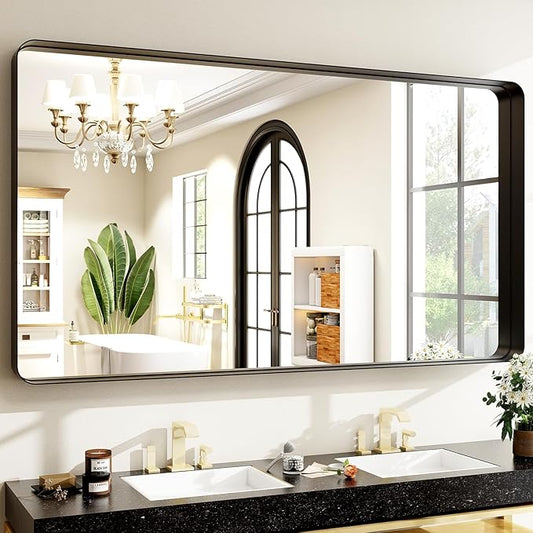 Easly 48"x30" Black Bathroom Mirror - Modern Black Mirror for Wall with Rounded Corners, Bathroom Mirrors for Vanity, Aluminum Alloy Framed Mirror Portrait or Landscape Hang