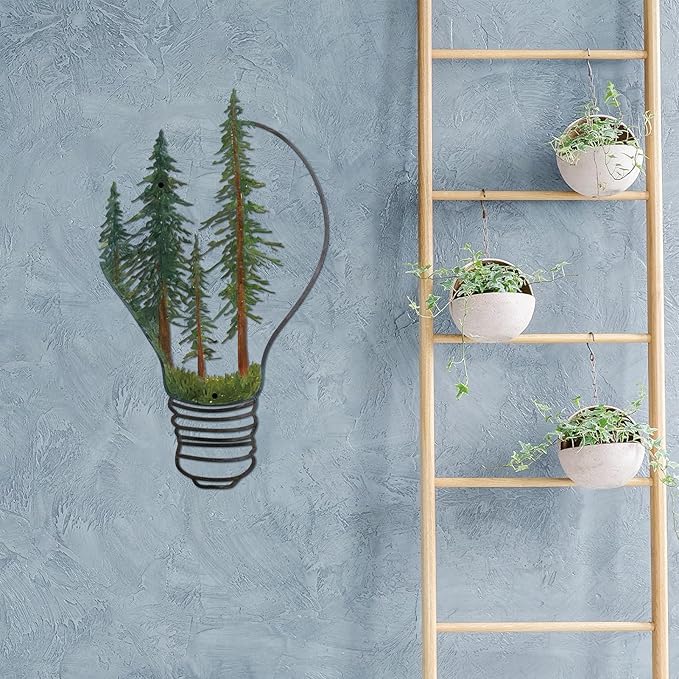 ESTART Metal Pine Tree Wall Art, Metal Bulb Wall Decor, Nature Rustic Farmhouse Cabin Decor, Forest Wall Art for Home Living Room Bedroom Office Indoor and Outdoor Decoration (Colorful)