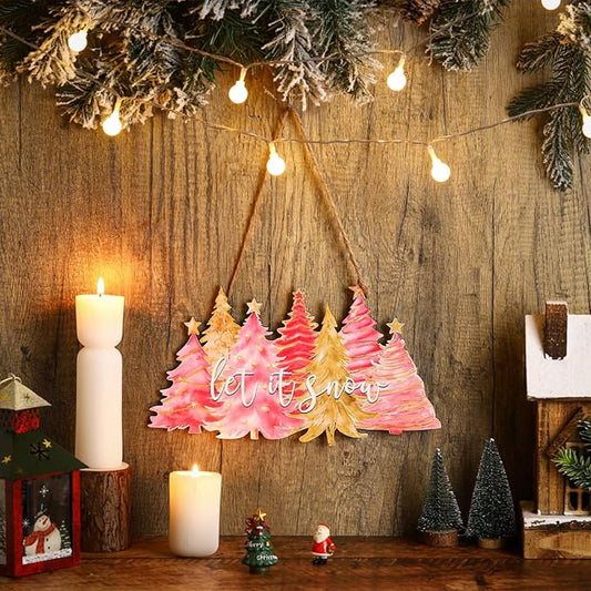 Soaoo Christmas Door Sign Pink Christmas Tree Wood Decor Let It Snow Xmas Wooden Hanging Sign Pink Xmas Tree Decorations Rustic Farmhouse for Front Door Yard Porch Outdoor Home Decor