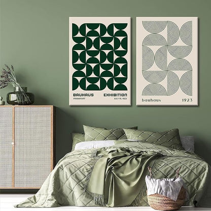 2Pcs Bauhaus Mid Century Modern Wall Art Retro Exhibition Posters Prints Green Boho Geometric Abstract Minimalist Wall Decor Pictures for Bedroom iving Room Dining Room Framed (Green, 16x24in Framed)