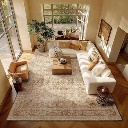 Washable 8x10 Area Rugs for Living Room, Boho Non-Slip Vintage Distress Large Rugs for Bedroom Dining Room Nursery Office, 0.3" Neutral Oriental Throw Thin Carpet, Brown/Multi, C1