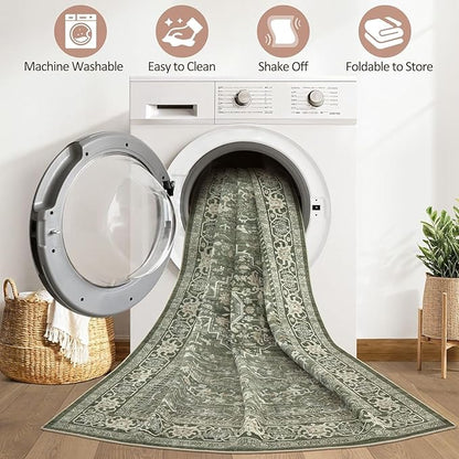 5x8 Area Rug Living Room: Washable Boho Large Neutral Vintage Soft Rugs Stain Resistant Farmhouse Non Slip Indoor Floor Carpet for Bedroom Nursery Kids Playroom Office Dining Room Home- Dark Green