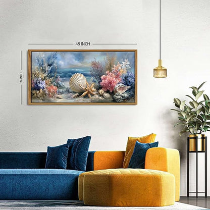 Framed Beach Seashell Bathroom Wall Art Coastal Starfish Pictures Wall Decor Modern Seascape Home Decor Blue Ocean Landscape Painting Prints Nautical Artwork for Bedroom Living Room Decoration 24x48