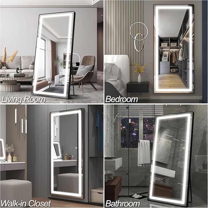 FENNIO Full Length Mirror with Lights, 70" x 32" LED Full Body Mirror, Free Standing Lighted Floor Mirror, Wall Mounted Hanging Mirror with Lights for Bedroom, Salon, Brushed Aluminum Frame, Black