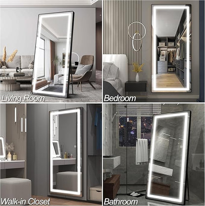 FENNIO Full Length Mirror with Lights, 70" x 32" LED Full Body Mirror, Free Standing Lighted Floor Mirror, Wall Mounted Hanging Mirror with Lights for Bedroom, Salon, Brushed Aluminum Frame, Black