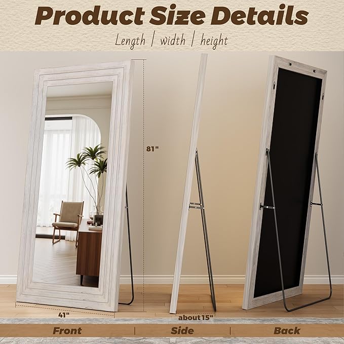 Antok Full Length Mirror with Solid Wood Frame, 81"×41" Wall Mounted Oversized Floor Mirror with Stand, Leaning Standing Hanging for Bedroom Living Room Entryway, White, Rect Style