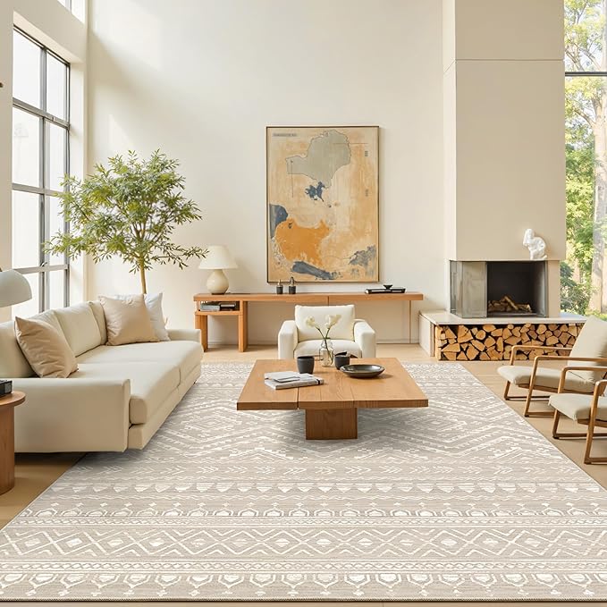 Miukiki 10x14 Area Rugs for Living Room Moroccan Washable Rugs Non Slip Indoor Floor Carpet Foldable Large Soft Area Rug with Low Pile for Dining Room Bedroom Office(Brown,10'x14')