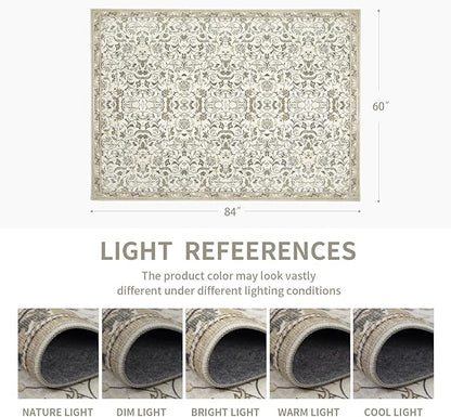 5×7 Washable Large Area Rugs for Living Room, Floral Soft Rug Non Slip Stain Resistant Carpet for Bedroom Dining Room Kitchen Farmhouse Home Decor，Beige Multi 061