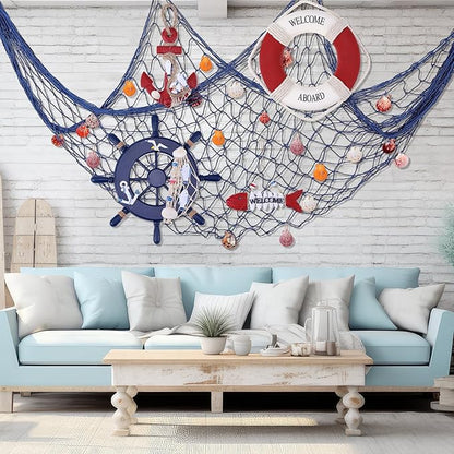 Marsui 11 Pcs Wooden Nautical Wall Decor Fishing Net Decoration, Include Decorative Fishing Net, Ship wheel, Fish Skeleton, Life Ring, Anchor, Starfish Beach Decor for Mediterranean Party (Retro Red)