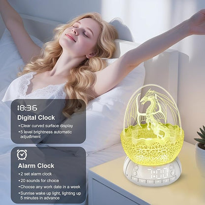 Dragon Egg Digital Clock Ok to Wake Up Alarm Clock with Portable Egg Night Light/Sleep Training Machine/Bluetooth Speaker, Illuminated Buttons Control Color Volume Brightness
