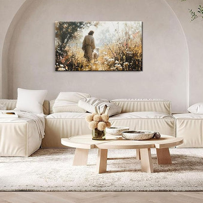 1Pcs Vintage Framed Jesus Lamb Paintings Canvas Wall Art Shepherd Flock Paintings Christian Wall Decor Modern Pictures Religious Art Print for Living Room Bedroom Decoration16x24in