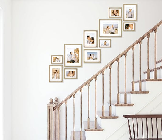 VELISTA 11 Piece Stair Picture Frame Set for Wall – Shadow Box Stairwell Gallery Wall Frame Set –Rustic Stairway Décor for Walls –Wooden Ladder Picture Frames - Farmhouse Staircase Wall Décor(Oak)