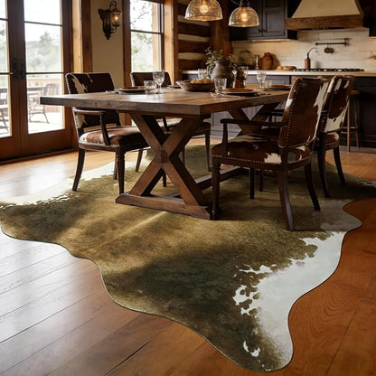 Oversized Washable Non Slip Cowhide Rug 8x10 Brindle and White, Large Faux Animal Skin Area Rugs for Living Room, Western Rustic Cottagecore Home Decor Carpet TPR Backing
