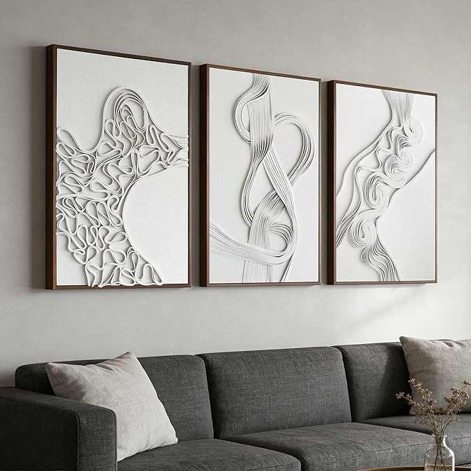 Thalasse 3D Abstract Canvas Wall Art Triptych, Neutral Textured Relief Wall Decor for Living Room, Minimalist Sandstone Sculpted Art Set of 3 with Walnut Wood Frame, 24" x 36" Each Panel