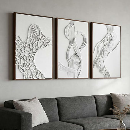 Thalasse 3D Abstract Canvas Wall Art Triptych, Neutral Textured Relief Wall Decor for Living Room, Minimalist Sandstone Sculpted Art Set of 3 with Walnut Wood Frame, 24" x 36" Each Panel