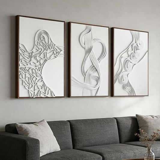 Thalasse 3D Abstract Canvas Wall Art Triptych, Neutral Textured Relief Wall Decor for Living Room, Minimalist Sandstone Sculpted Art Set of 3 with Walnut Wood Frame, 24" x 36" Each Panel