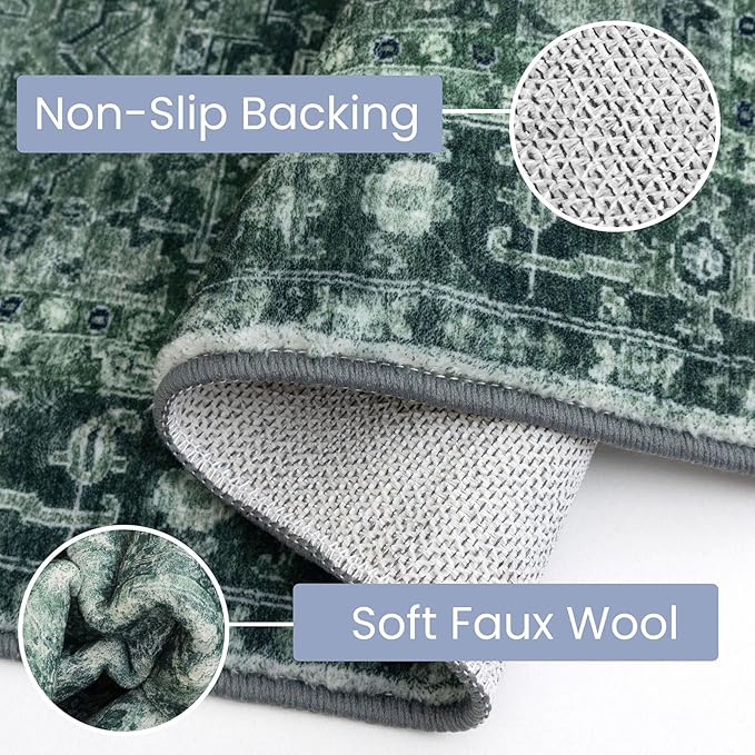 KOZYFLY Small Area Rug 2x3 Ft Rugs for Entryway Washable Boho Entry Rug Non Slip Door Mat Indoor Entrance Faux Wool Vintage Printed Kitchen Rug Throw Rugs for Entrance Kitchen, Dark Green