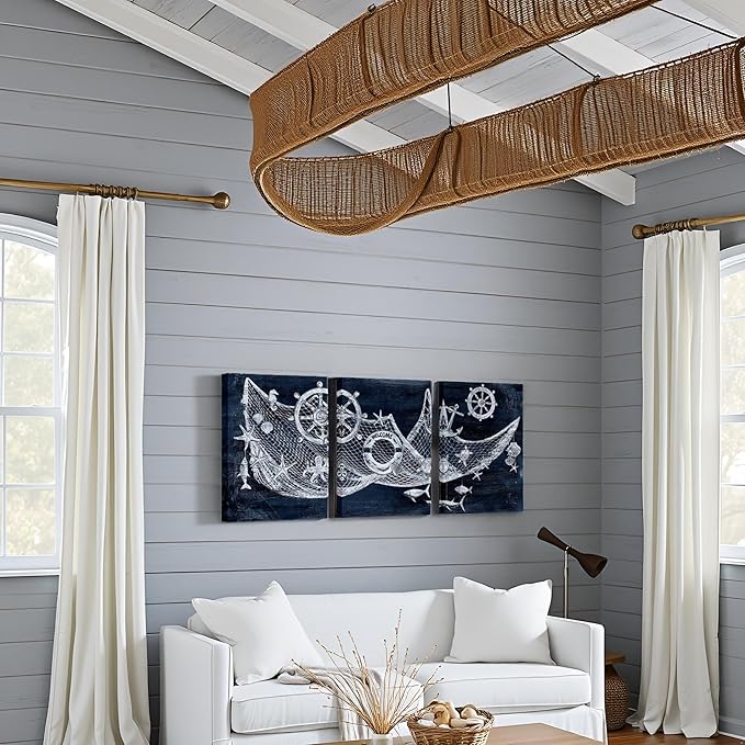 sechars Nautical Wall Art Decor Fishing Net with Seashells Ship Wheel Painting Pictures Navy Blue Bathroom Bedroom Lake House Decoration (Small)