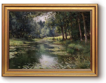 Bzstyleart Vintage Wall Art Decor for Office, Vintage Gold Framed Landscape Wall Art, Forest Riverside Painting, Room Decor Aesthetic for Living Room, 12 x 16 Inch