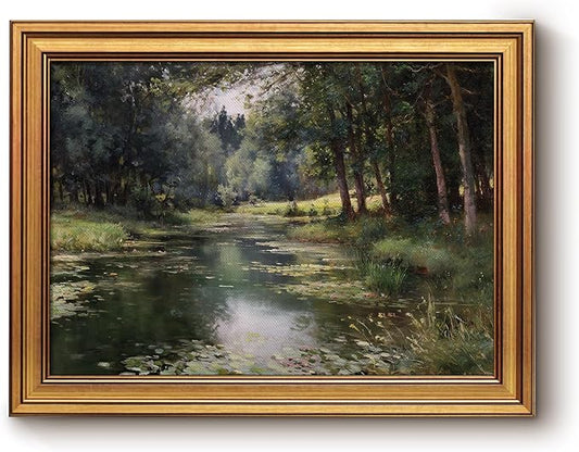 Bzstyleart Vintage Wall Art Decor for Office, Vintage Gold Framed Landscape Wall Art, Forest Riverside Painting, Room Decor Aesthetic for Living Room, 12 x 16 Inch